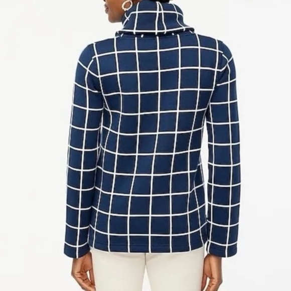 J Crew Funnel Neck Pullover Fleece Lined Windowpane Sweater Women's Small Navy - Picture 2 of 12